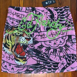 Ed Hardy Tiger Tattoo Print Pink Mesh Mini Skirt lined Women's Size 1X Y2K Nwt